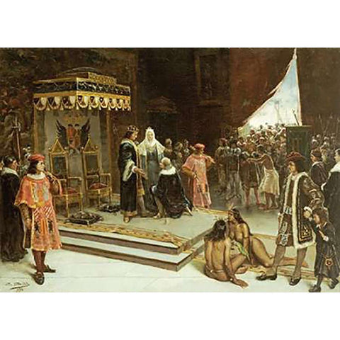 Columbus Before The Spanish Court After His Return From The Americas Gold Ornate Wood Framed Art Print with Double Matting by Santa Olalla, Francisco Garcia