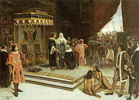 Columbus Before The Spanish Court After His Return From The Americas Black Ornate Wood Framed Art Print with Double Matting by Santa Olalla, Francisco Garcia