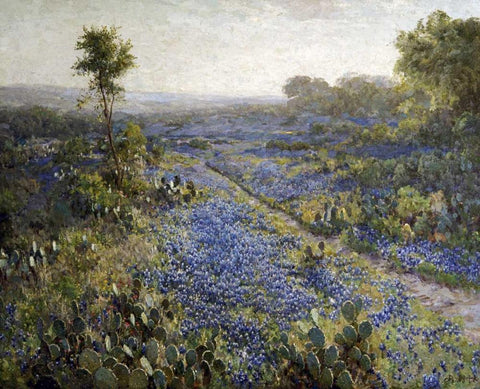 Field of Texas Bluebonnets and Prickly Pear Cacti Black Ornate Wood Framed Art Print with Double Matting by Onderdonk, Julian