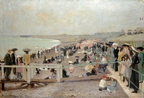 The Beach, Dieppe White Modern Wood Framed Art Print with Double Matting by Oppler, Ernest