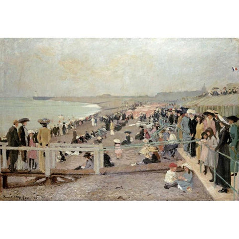 The Beach, Dieppe Gold Ornate Wood Framed Art Print with Double Matting by Oppler, Ernest