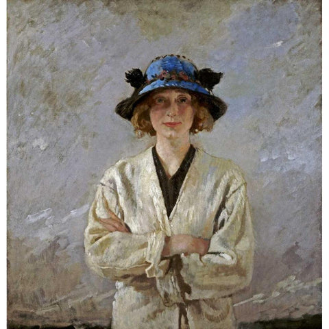 Girl In a Blue Hat White Modern Wood Framed Art Print by Orpen, Sir William