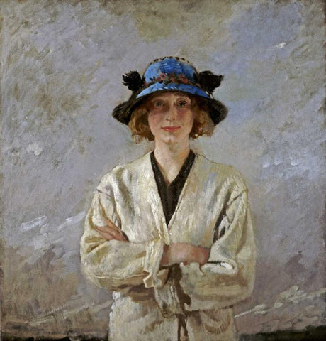Girl In a Blue Hat Black Ornate Wood Framed Art Print with Double Matting by Orpen, Sir William