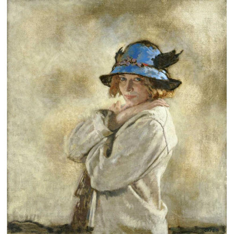 The Blue Hat Gold Ornate Wood Framed Art Print with Double Matting by Orpen, Sir William