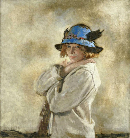 The Blue Hat White Modern Wood Framed Art Print with Double Matting by Orpen, Sir William