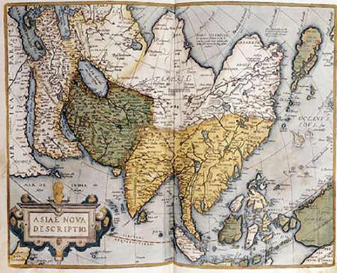 Asiae Nova Descriptio Black Ornate Wood Framed Art Print with Double Matting by Ortelius, Abraham