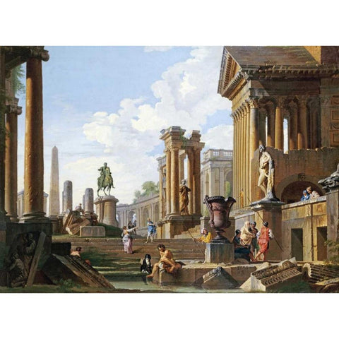 Capriccio of Classical Ruins Gold Ornate Wood Framed Art Print with Double Matting by Panini, Giovanni Paolo