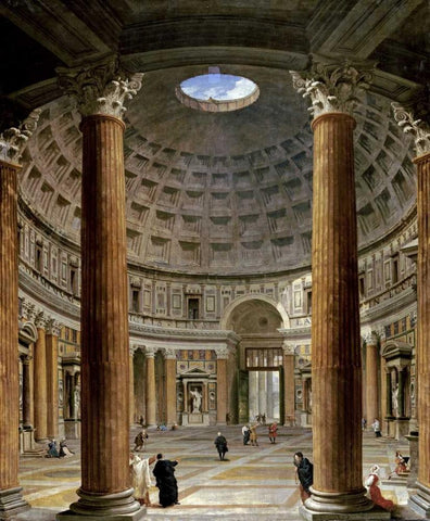 The Interior of The Pantheon, Rome Black Ornate Wood Framed Art Print with Double Matting by Panini, Giovanni Paolo