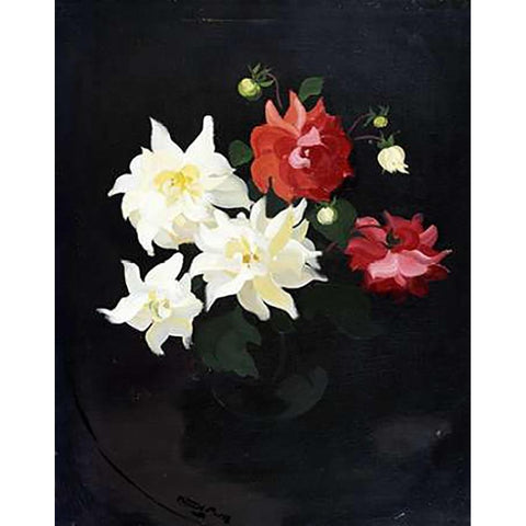 Red and White Dahlias White Modern Wood Framed Art Print by Park, James Stuart