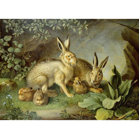 Hares and Leverets In a Rocky Lair Black Modern Wood Framed Art Print by Peter, Johann Wenzel