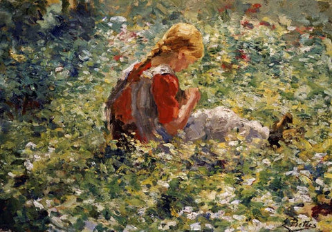 A Young Girl In a Flower Garden White Modern Wood Framed Art Print with Double Matting by Pieters, Evert