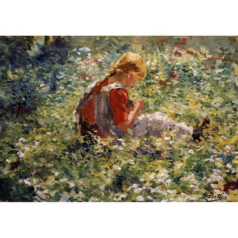 A Young Girl In a Flower Garden White Modern Wood Framed Art Print by Pieters, Evert