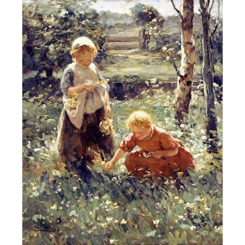 Children In a Field White Modern Wood Framed Art Print by Pieters, Evert