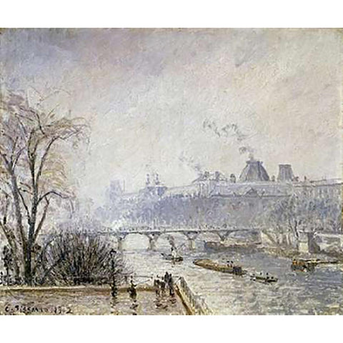 The Louvre and The Seine From The Pont Neuf - Morning Mist Black Modern Wood Framed Art Print with Double Matting by Pissarro, Camille