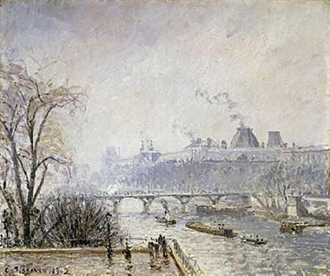 The Louvre and The Seine From The Pont Neuf - Morning Mist White Modern Wood Framed Art Print with Double Matting by Pissarro, Camille