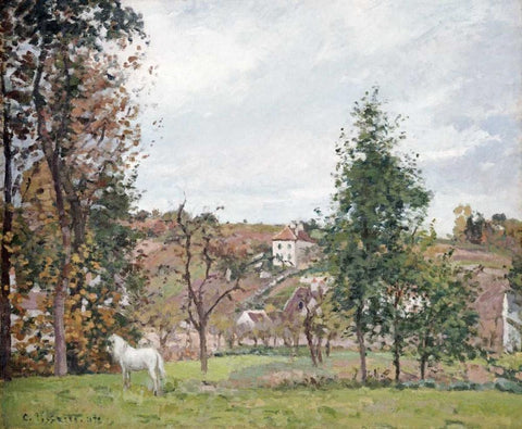 Landscape With a White Horse White Modern Wood Framed Art Print with Double Matting by Pissarro, Camille