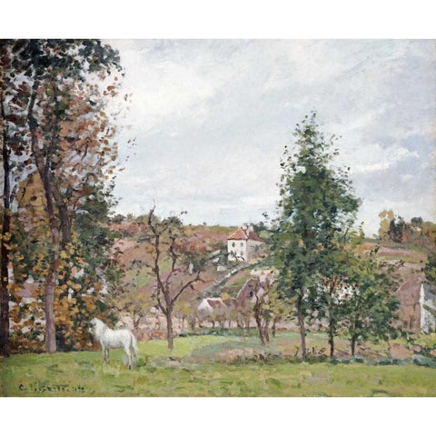 Landscape With a White Horse White Modern Wood Framed Art Print by Pissarro, Camille