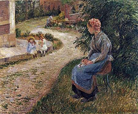 The Maid Sitting In The Garden at Eragny Black Ornate Wood Framed Art Print with Double Matting by Pissarro, Camille