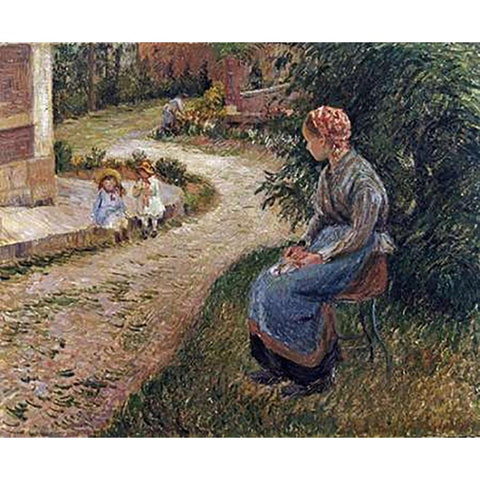 The Maid Sitting In The Garden at Eragny Black Modern Wood Framed Art Print with Double Matting by Pissarro, Camille