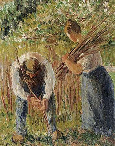 Farm Labourers Planting Stakes Black Ornate Wood Framed Art Print with Double Matting by Pissarro, Camille