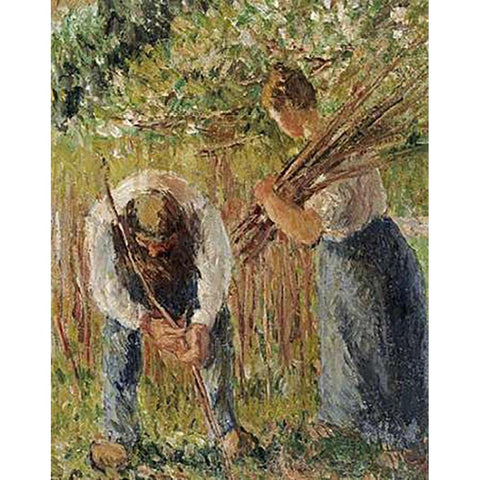 Farm Labourers Planting Stakes White Modern Wood Framed Art Print by Pissarro, Camille