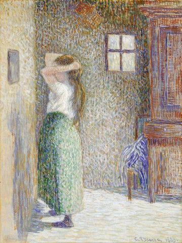 Country Girl at Her Toilet White Modern Wood Framed Art Print with Double Matting by Pissarro, Camille