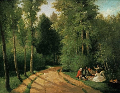 A Picnic at Montmorency White Modern Wood Framed Art Print with Double Matting by Pissarro, Camille