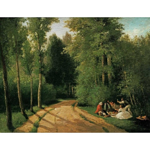 A Picnic at Montmorency Black Modern Wood Framed Art Print with Double Matting by Pissarro, Camille