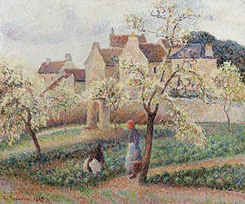 Plum Trees In Blossom Black Ornate Wood Framed Art Print with Double Matting by Pissarro, Camille