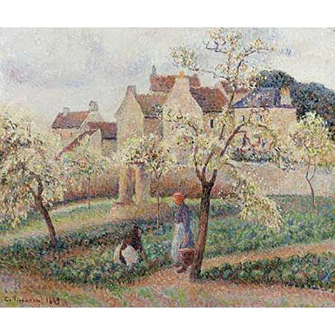 Plum Trees In Blossom Black Modern Wood Framed Art Print with Double Matting by Pissarro, Camille