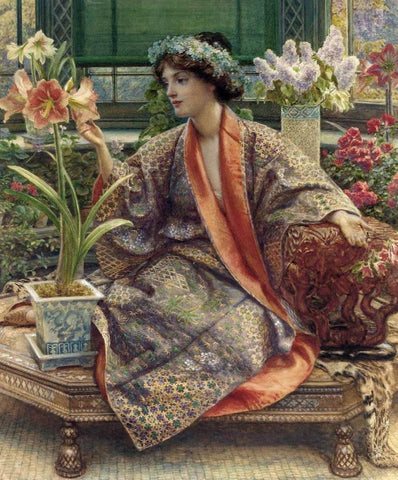 A Hot-House Flower Black Ornate Wood Framed Art Print with Double Matting by Poynter, Sir Edward John