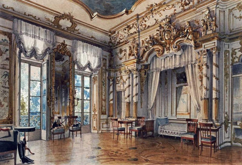 A Bedroom In The Tzars Palace, St. Petersburg Black Ornate Wood Framed Art Print with Double Matting by Premazzi, Luigi