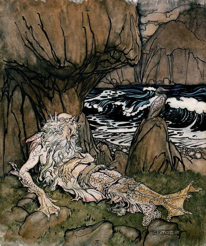 A Crowned Merman a Sea God Sleeping On a Rocky Shore Black Ornate Wood Framed Art Print with Double Matting by Rackham, Arthur