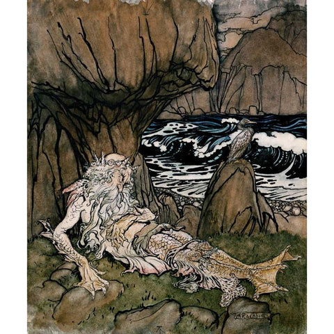 A Crowned Merman a Sea God Sleeping On a Rocky Shore Gold Ornate Wood Framed Art Print with Double Matting by Rackham, Arthur