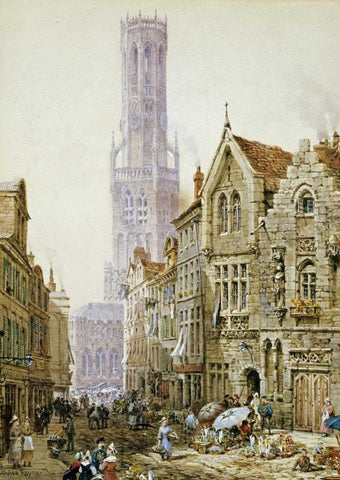 Flower Sellers In Bruges White Modern Wood Framed Art Print with Double Matting by Rayner, Louise