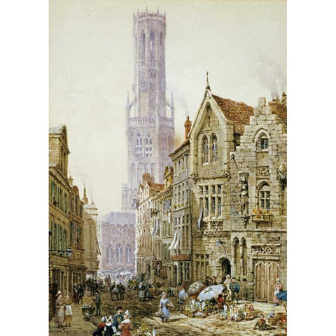 Flower Sellers In Bruges Black Modern Wood Framed Art Print with Double Matting by Rayner, Louise