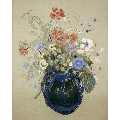 A Vase OF Blue Flowers Gold Ornate Wood Framed Art Print with Double Matting by Redon, Odilion