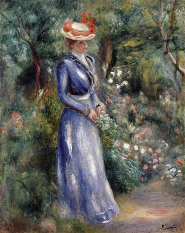 Woman In a Blue Dress White Modern Wood Framed Art Print with Double Matting by Renoir, Pierre-Auguste
