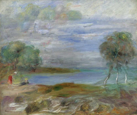 Two People at The Waters Edge Black Ornate Wood Framed Art Print with Double Matting by Renoir, Pierre-Auguste