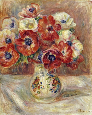 Still Life With Anemones Black Ornate Wood Framed Art Print with Double Matting by Renoir, Pierre-Auguste