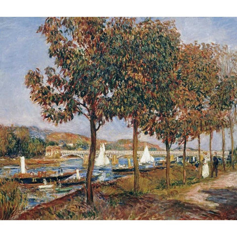 The Bridge at Argenteuil Black Modern Wood Framed Art Print with Double Matting by Renoir, Pierre-Auguste