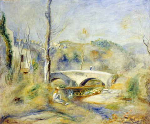 Landscape With Bridge Black Ornate Wood Framed Art Print with Double Matting by Renoir, Pierre-Auguste