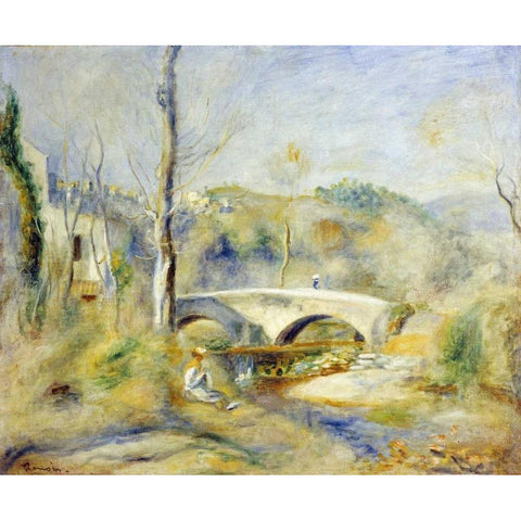 Landscape With Bridge Black Modern Wood Framed Art Print with Double Matting by Renoir, Pierre-Auguste