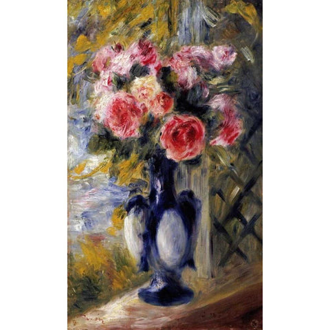 Roses In a Blue Vase White Modern Wood Framed Art Print by Renoir, Pierre-Auguste