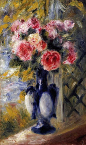 Roses In a Blue Vase Black Ornate Wood Framed Art Print with Double Matting by Renoir, Pierre-Auguste