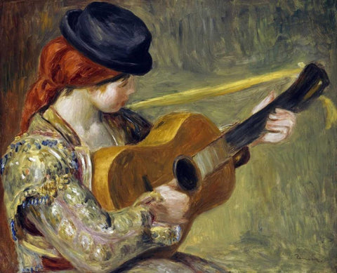 Girl with a Guitar, 1897 White Modern Wood Framed Art Print with Double Matting by Renoir, Pierre-Auguste