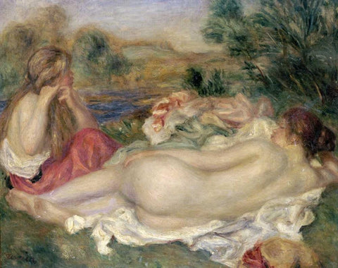 Two Bathers Black Ornate Wood Framed Art Print with Double Matting by Renoir, Pierre-Auguste