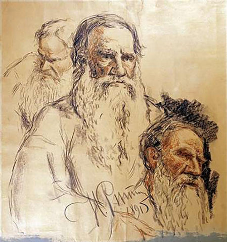 Three Studies Leo Tolstoy Black Ornate Wood Framed Art Print with Double Matting by Repin, Ilia Efimovich