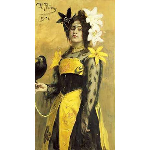 Portrait of a Lady In a Yellow and Black Gown White Modern Wood Framed Art Print by Repin, Ilia Efimovich