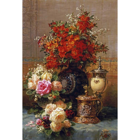 Still Life of Roses and Other Flowers Gold Ornate Wood Framed Art Print with Double Matting by Robie, Jean-Baptiste